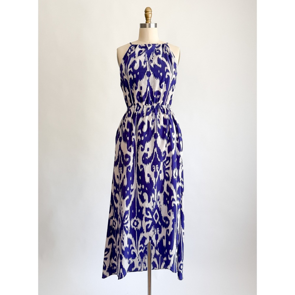 Bohemian Athleta Ikat Maxi Dress S Blue White Halter Tassel High Low Hem‎